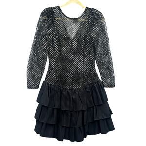 VTG 90s Black Mini Party Dress 9 Prom Puff Slv Tiered Witch Goth Grunge Punk Bow